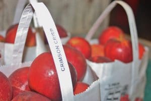 image of bright red apples in a sack